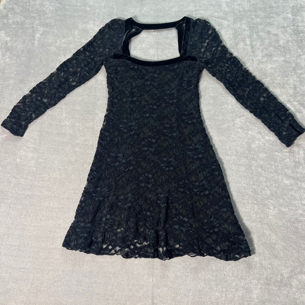 Free People Black Lace Velvet Trim Mini Dress Long Sleeve Open Back XS